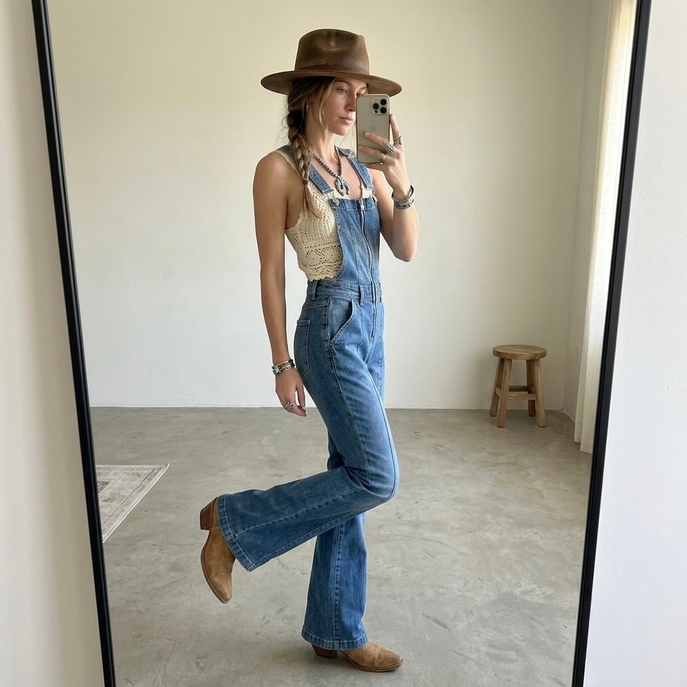 We The Free Free People Overalls XS Blue Denim Flare Leg Front Zip Boho Western
